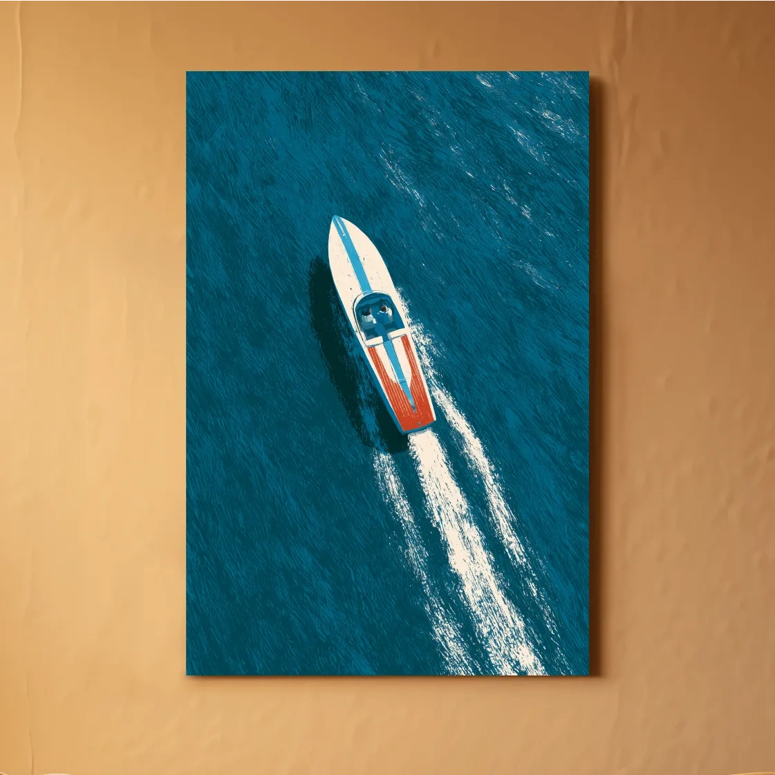 Aerial Speedboat Wake Illustration - Mid-Century Ocean Wall Art