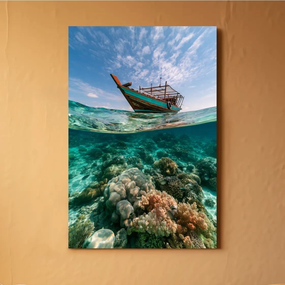 Surreal Tropical Fishing Boat Coral Reef - Underwater Wall Art