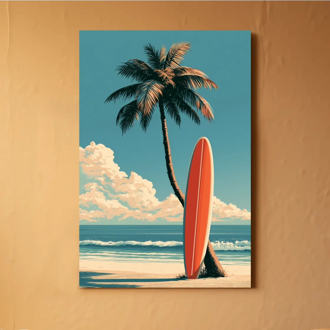 Vintage Surfboard on Palm Beach - Retro Coastal Wall Art