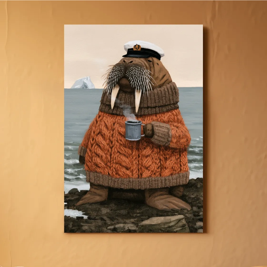 Whimsical Scandi Walrus Sailor Painting - Folk Art Marine Life Wall Art