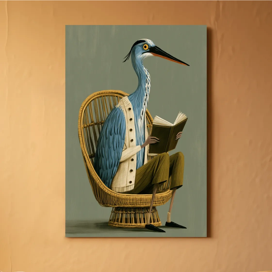 Whimsical Scandi Heron Reading Painting - Folk Art Bird Wall Art
