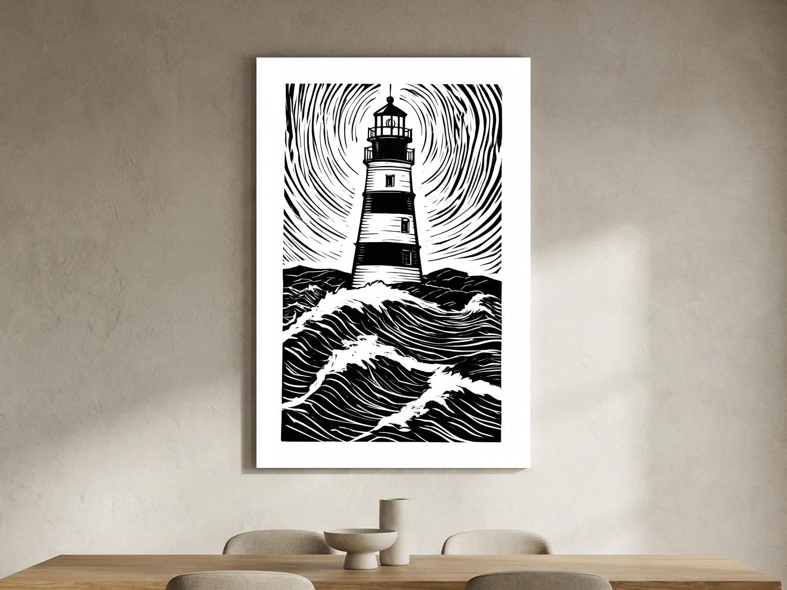 Black and White Lighthouse Linocut - Minimalist Ocean Wall Art