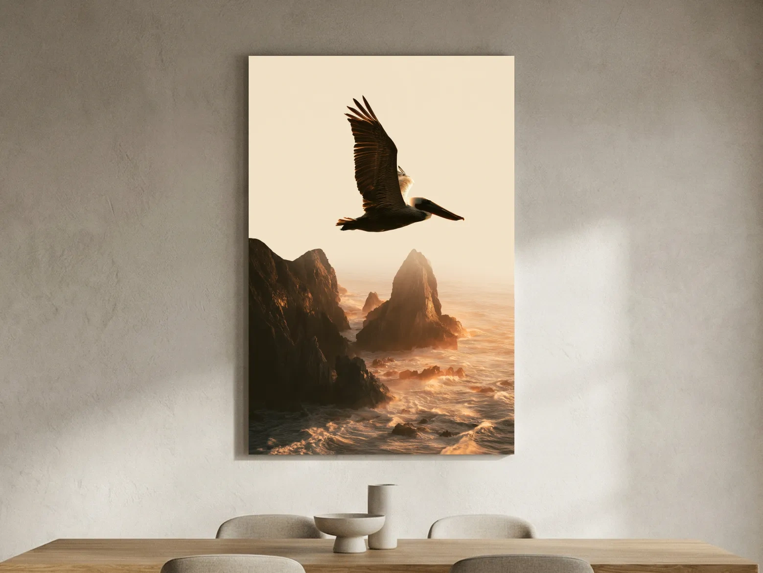 Golden Hour Pelican Flight - Dramatic Coastal Cliff Photographic Wall Art