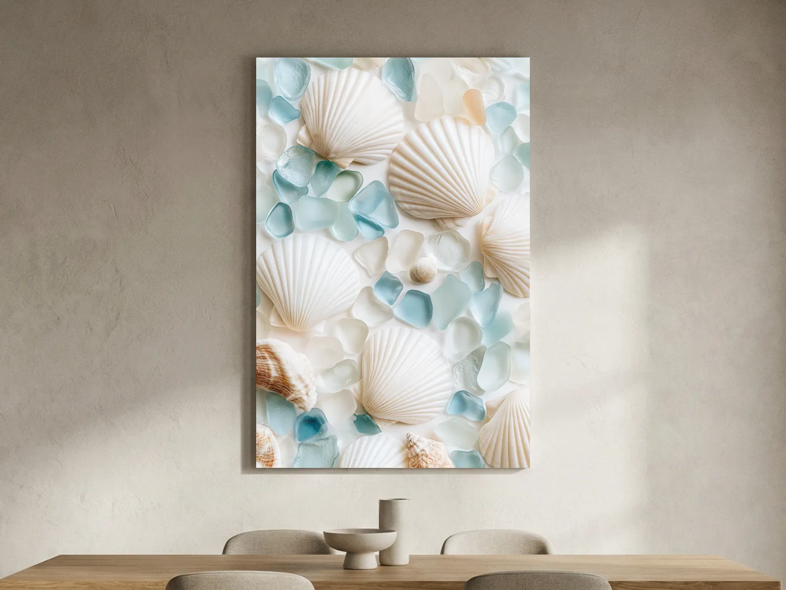 Sea Glass And Seashell Flat Lay - Minimalist Hamptons Photographic Wall Art