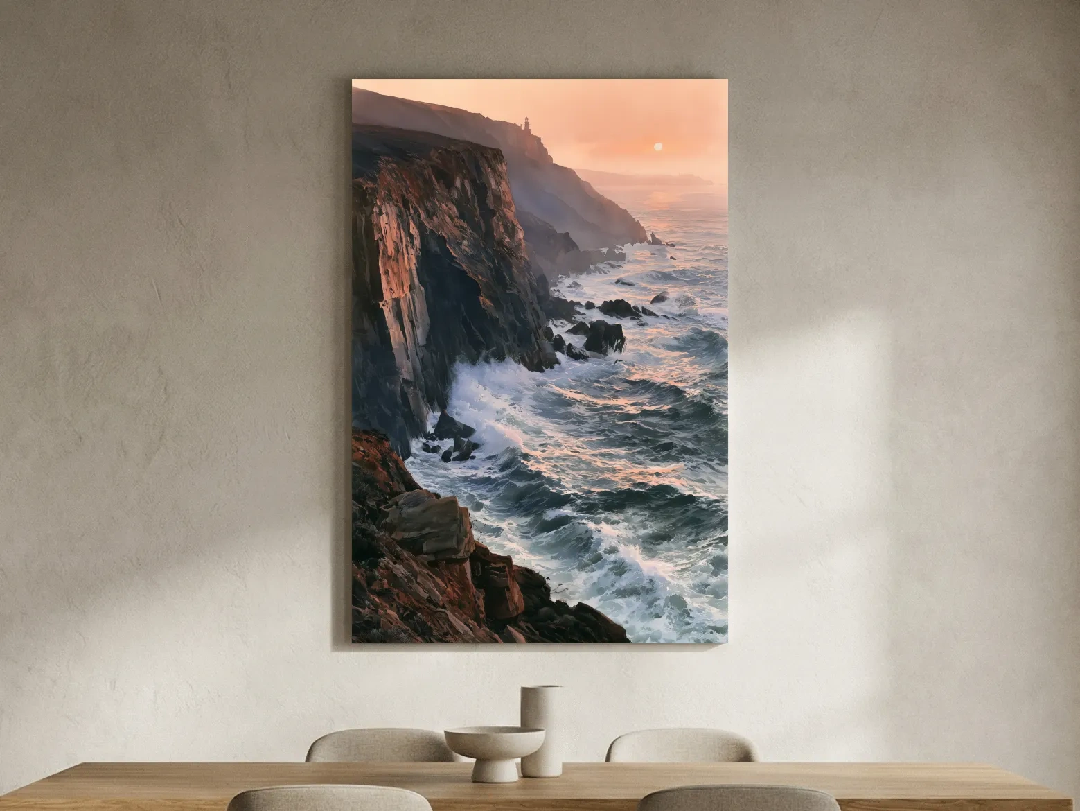 Dramatic Cliff Seascape - Golden Sunset Coastal Painting Art
