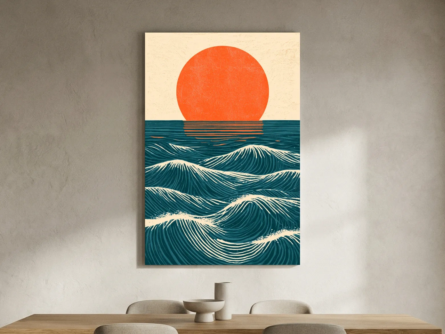 Mid-Century Ocean Waves Sunset - Geometric Illustration Wall Art