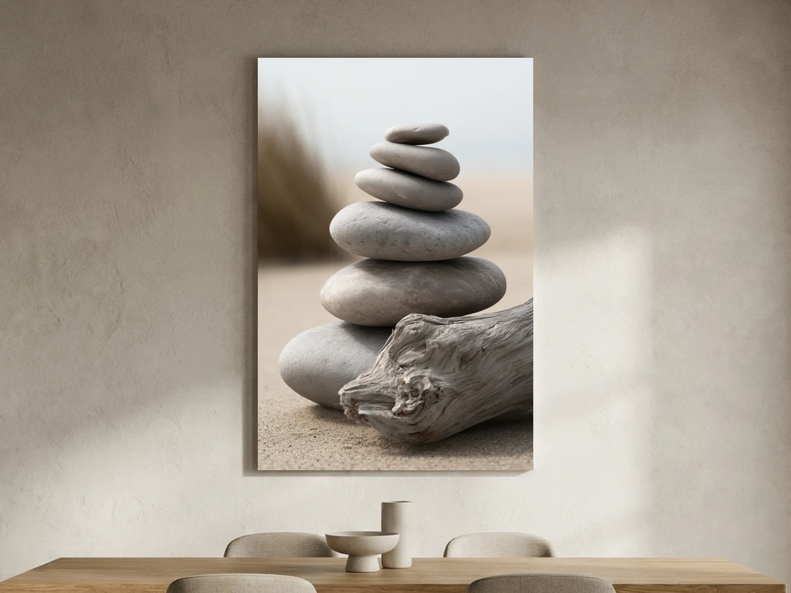Balanced Pebble Stack With Driftwood - Minimalist Photographic Coastal Wall Art