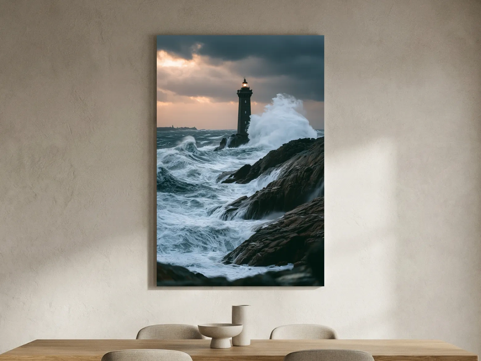 Misty Lighthouse Storm Waves - Dramatic Photographic Seascape Wall Art