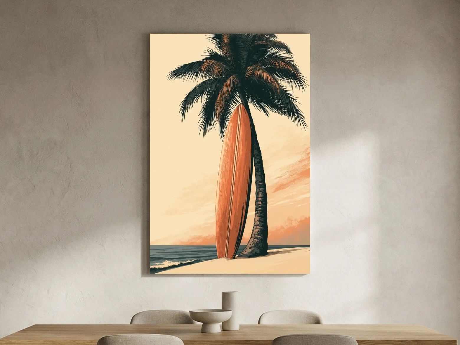 Retro Surfboard Palm Tree Illustration - Boho Tropical Wall Art