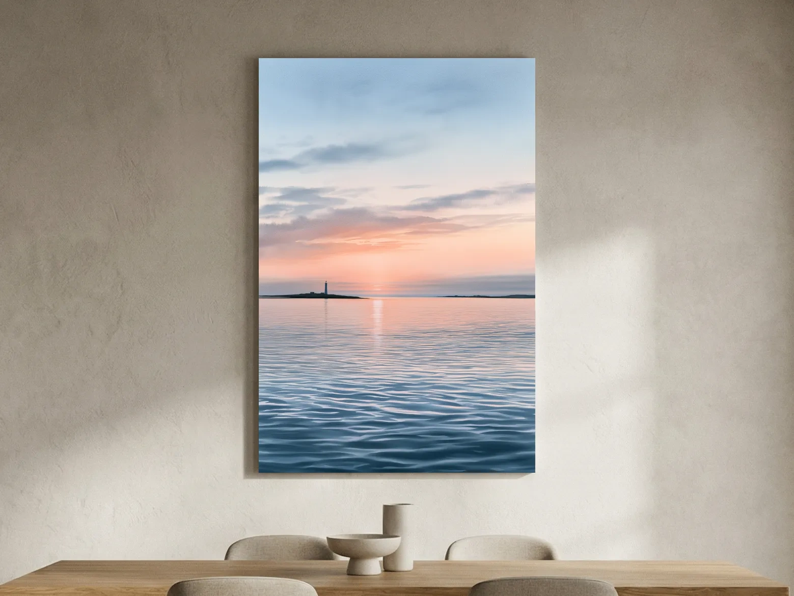 Serene Lighthouse Sunset Seascape - Minimalist Watercolour Wall Art