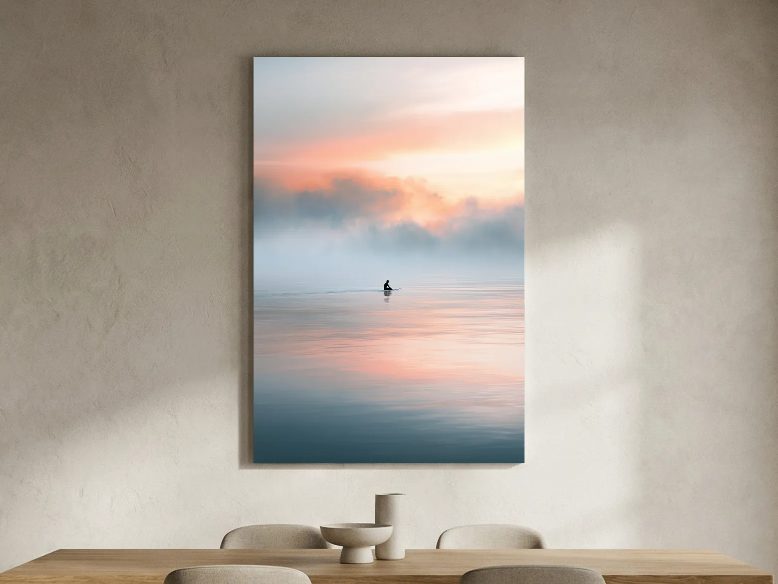 Lone Surfer at Sunrise - Dreamy Watercolour Ocean Wall Art