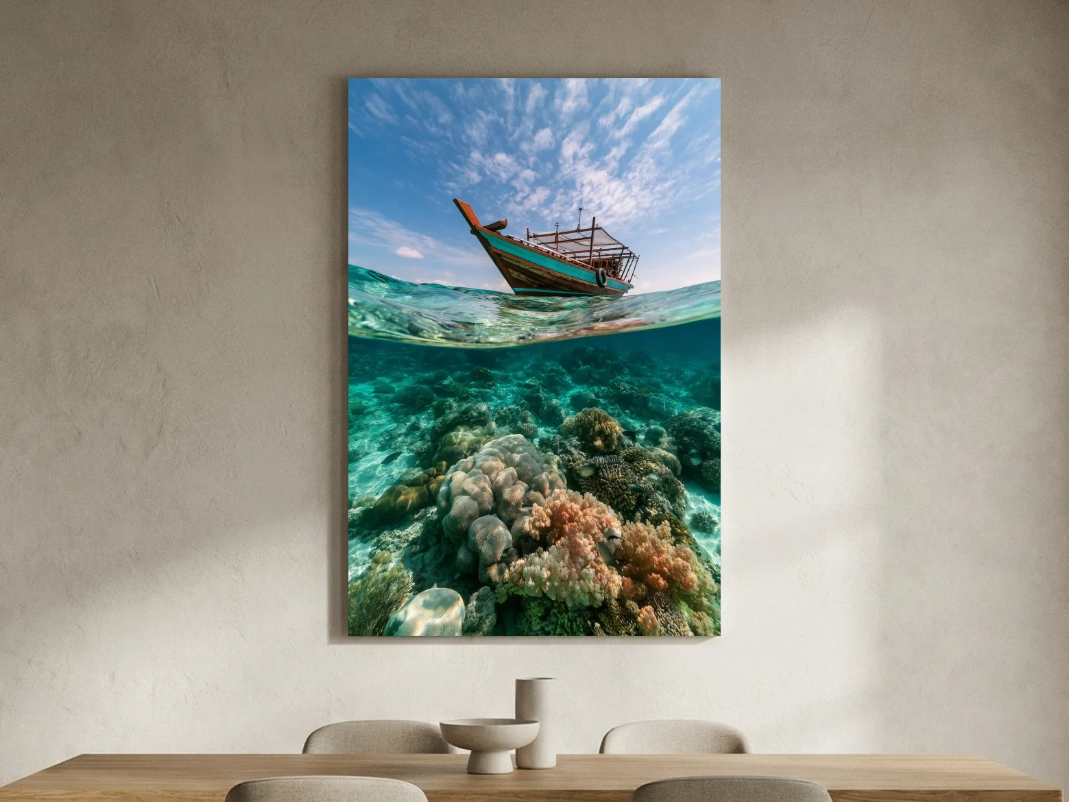 Surreal Tropical Fishing Boat Coral Reef - Underwater Wall Art