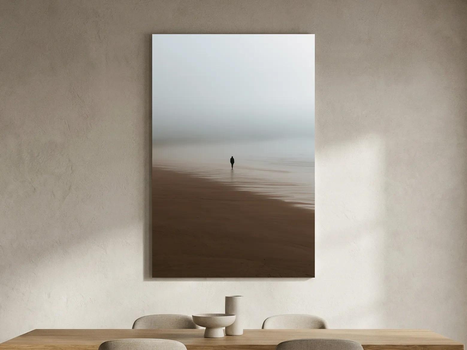 Misty Solitary Figure Beachscape - Minimalist Photographic Wall Art