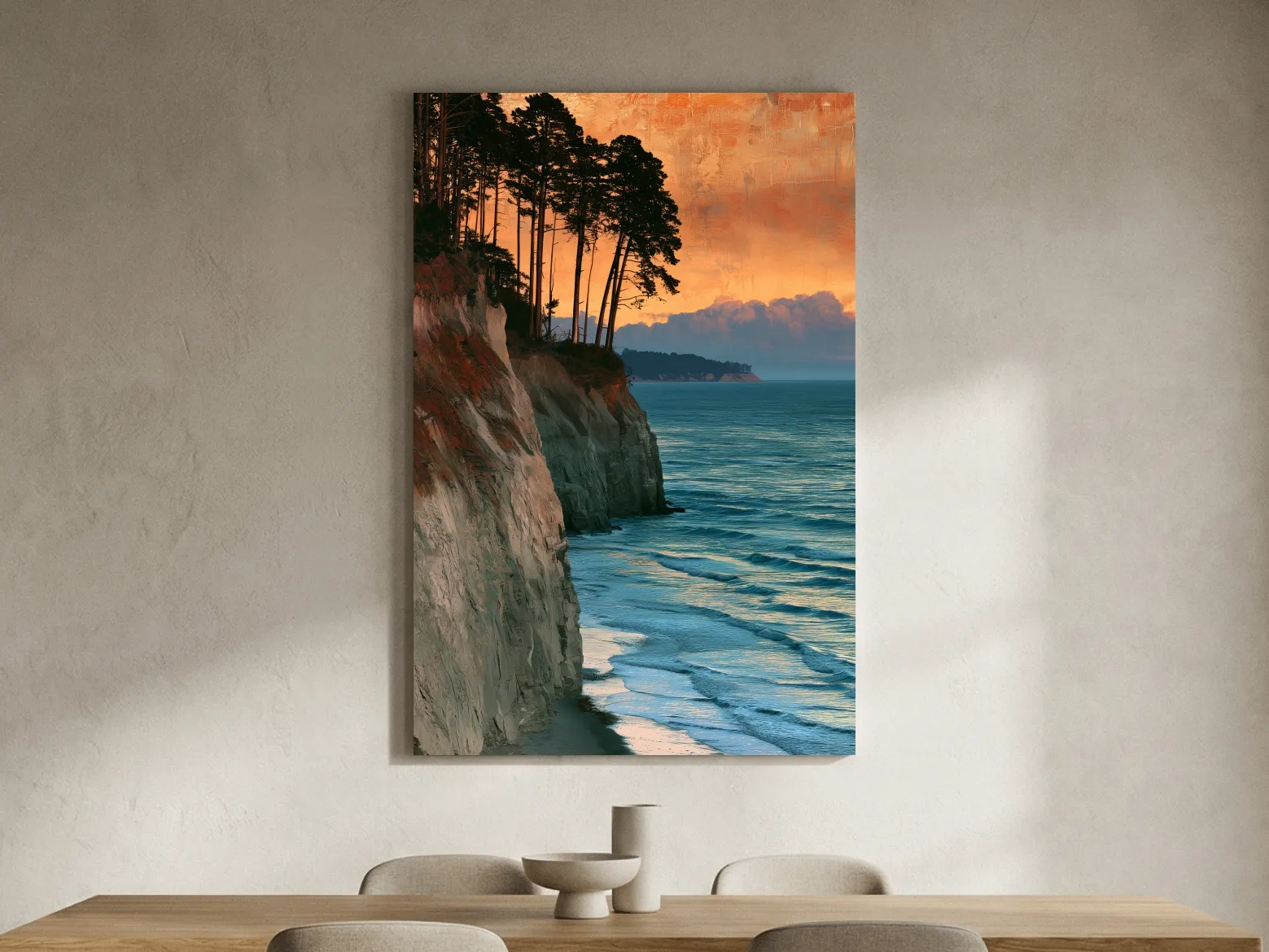 Sunset Coastal Cliffs And Pine Trees - Abstract Illustration Wall Art