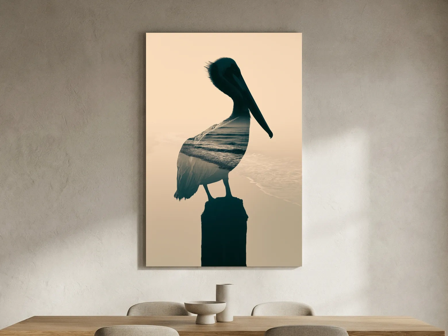 Pelican Double Exposure Silhouette - Minimalist Beach Photographic Wall Art