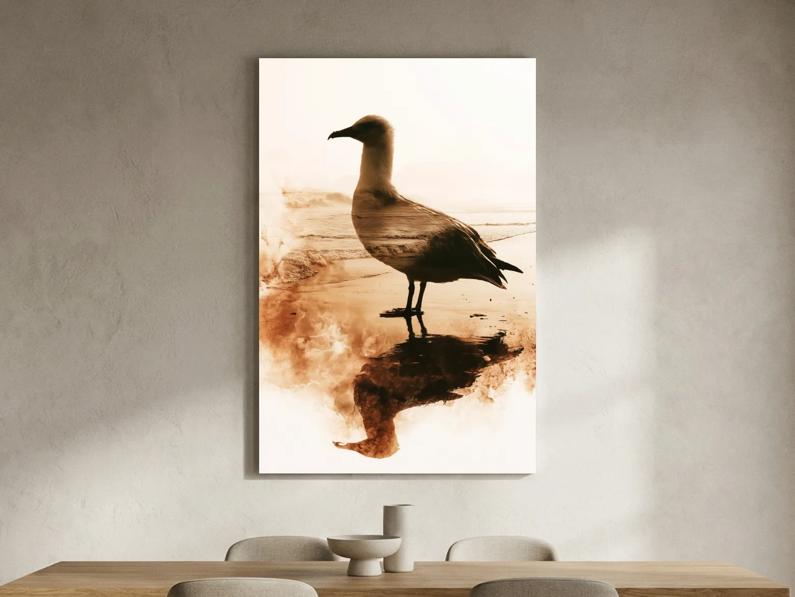 Seagull Double Exposure Beach Silhouette - Minimalist Photographic Wall Art