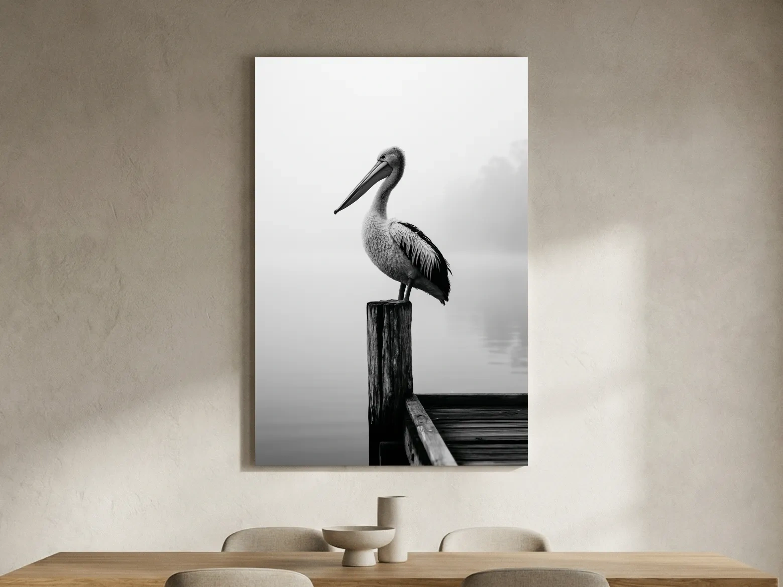 Misty Pelican On Pier - Minimalist Photographic Wall Art