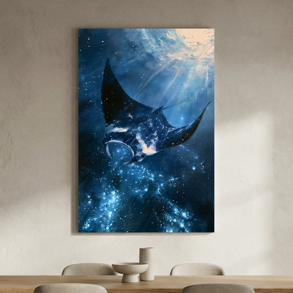 Majestic Manta Ray Underwater Painting - Ethereal Marine Life Wall Art