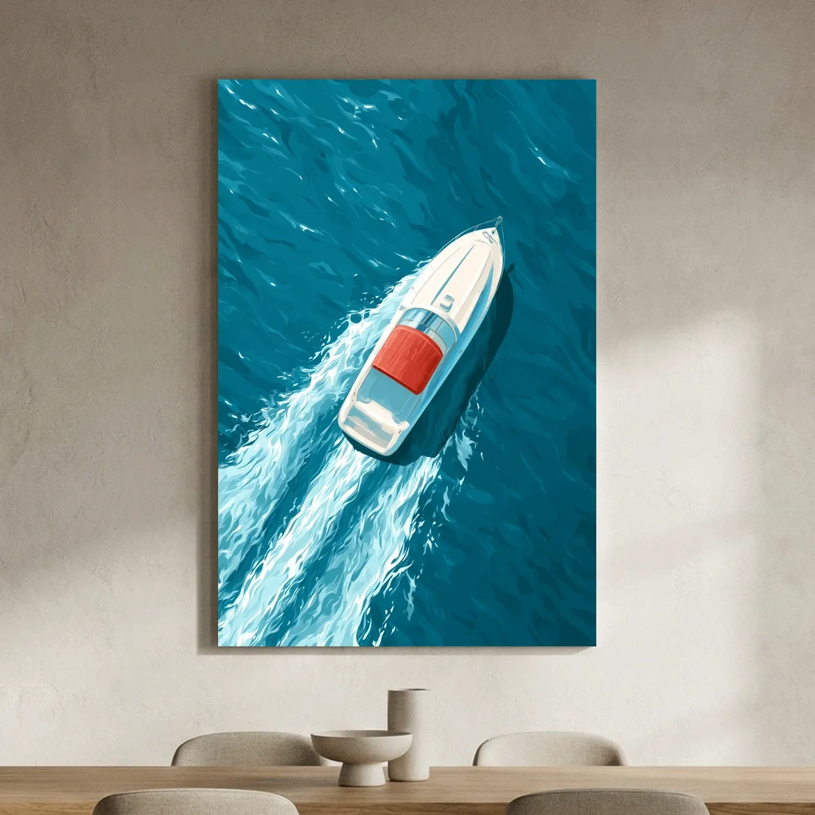 Aerial Speedboat Illustration - Mid-Century Ocean Wall Art