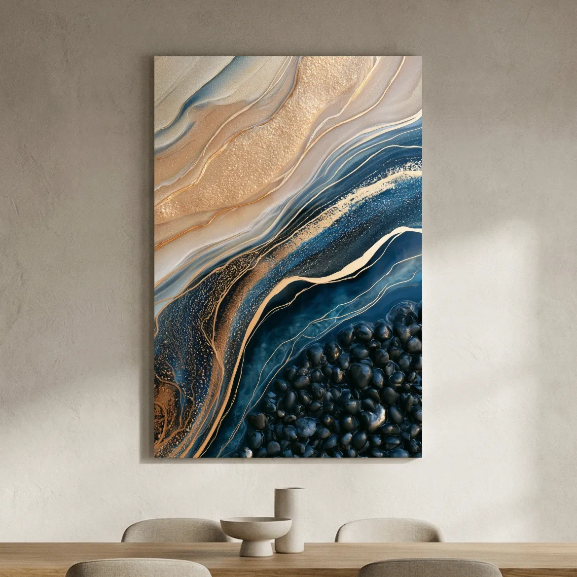 Layered Beach Strata and Pebbles - Abstract Mixed Media Wall Art