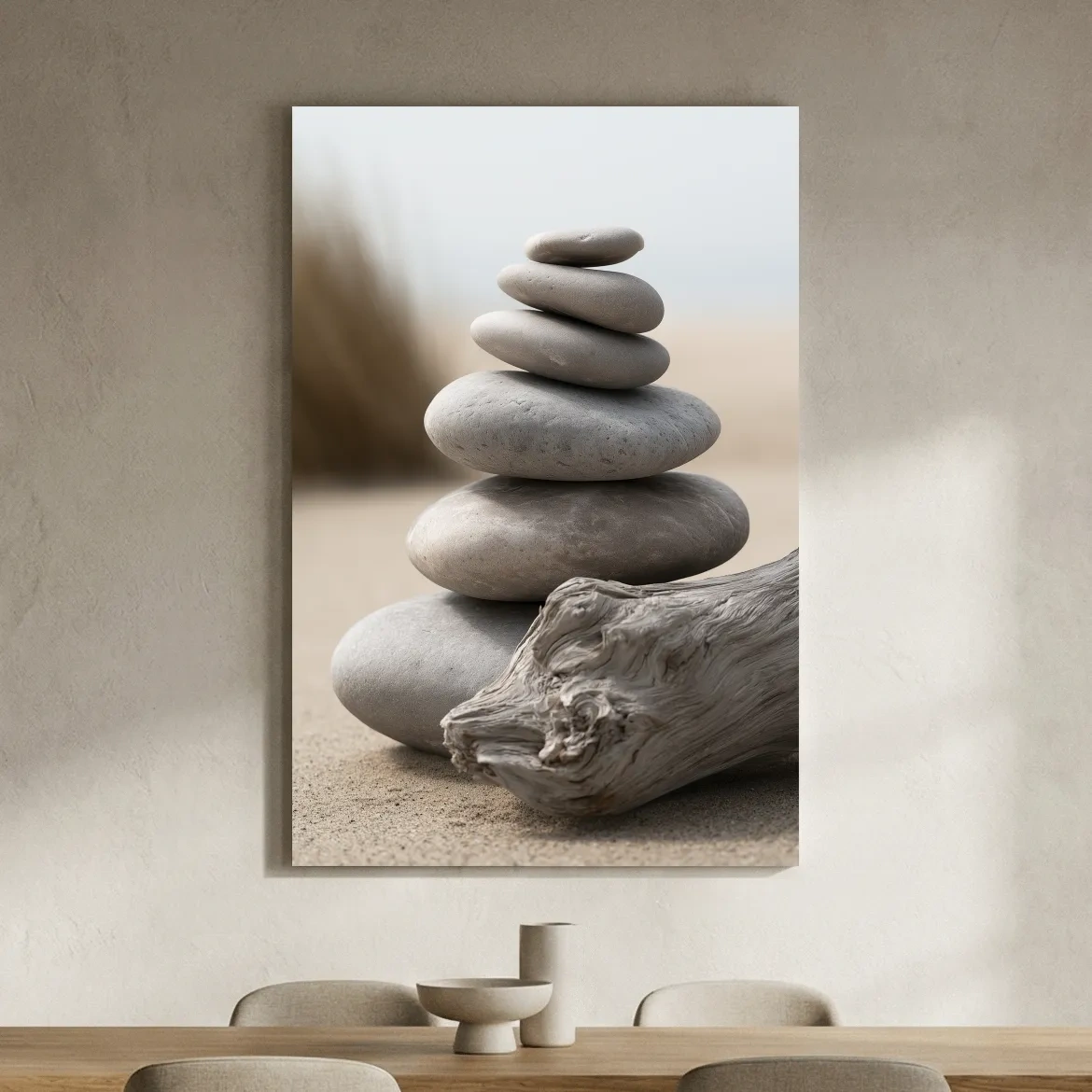 Balanced Pebble Stack With Driftwood - Minimalist Photographic Coastal Wall Art