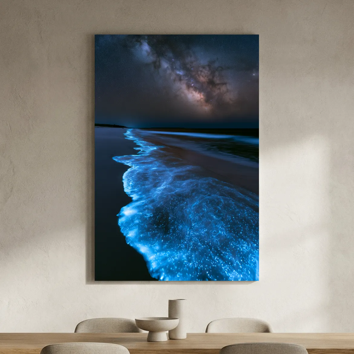 Bioluminescent Shoreline Under Milky Way - Surreal Photographic Wall Art