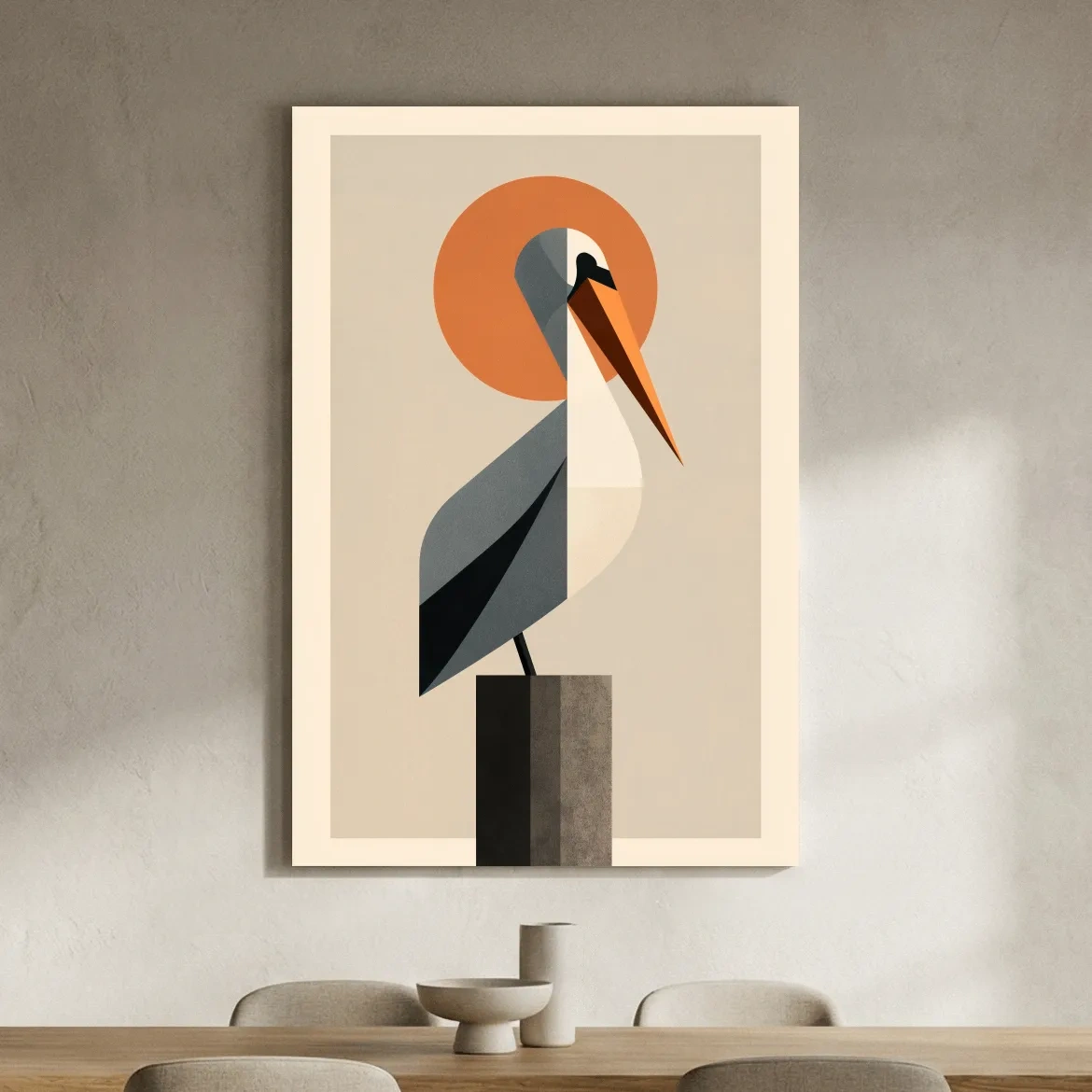 Mid-Century Geometric Pelican - Minimalist Coastal Illustration Wall Art