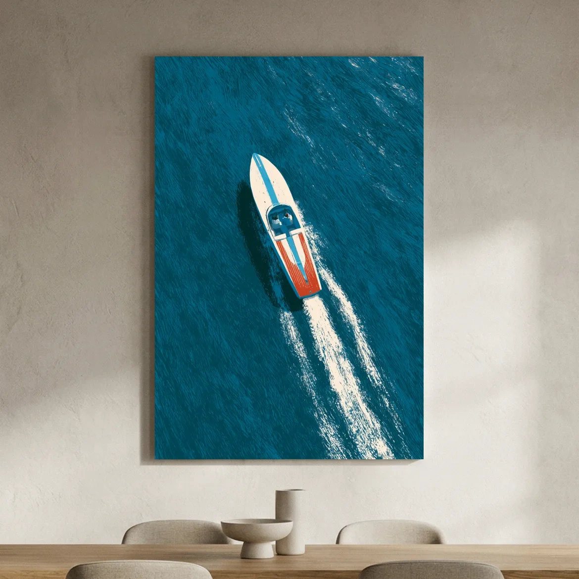 Aerial Speedboat Wake Illustration - Mid-Century Ocean Wall Art