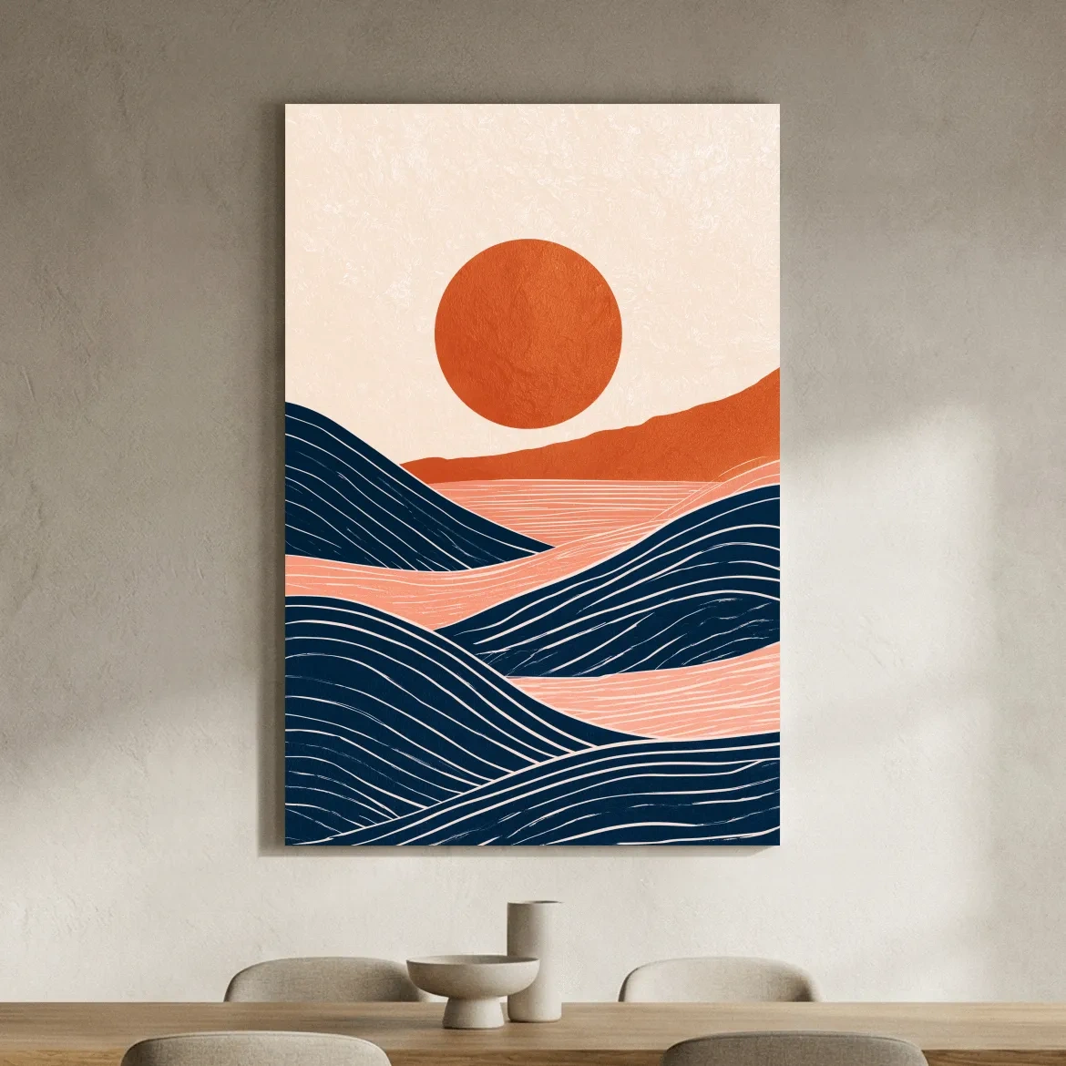 Mid-Century Geometric Ocean Sunrise - Retro Vector Seascape Wall Art