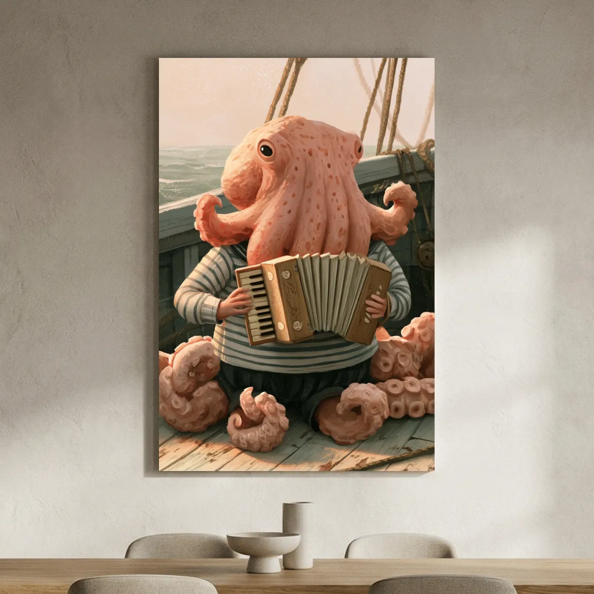 Whimsical Scandi Octopus Accordion Player - Nautical Folk Art Painting