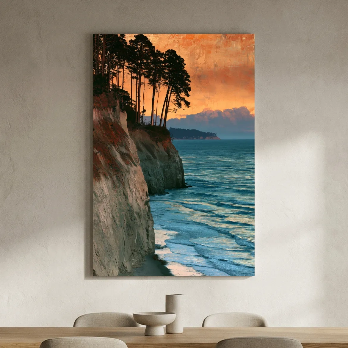 Sunset Coastal Cliffs And Pine Trees - Abstract Illustration Wall Art