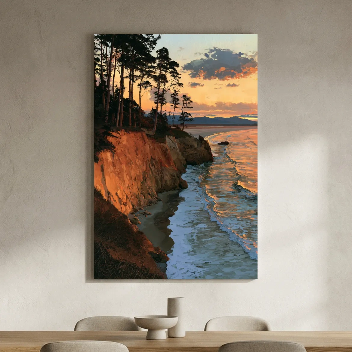 Sunset Coastal Cliffs And Pine Trees - Dramatic Ocean Landscape Painting
