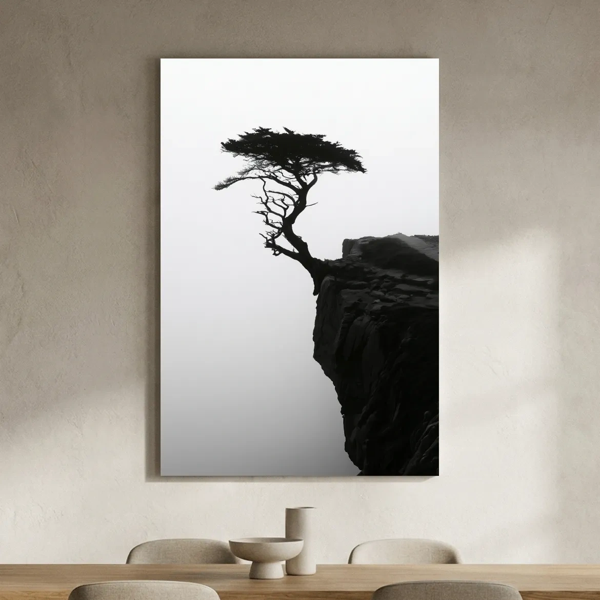 Misty Cypress Silhouette Cliff - Minimalist Photographic Wall Art