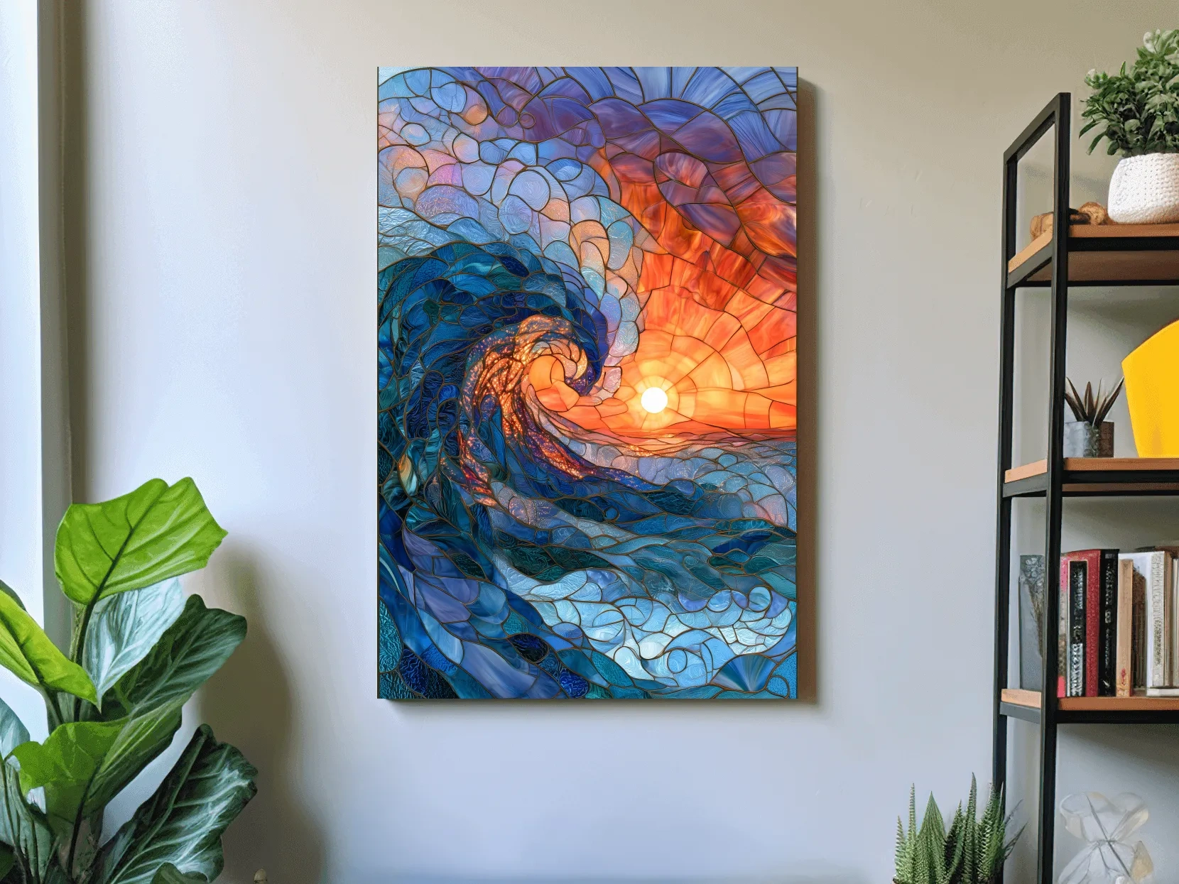 Stained Glass Style Crashing Wave - Abstract Ocean Sunset Wall Art