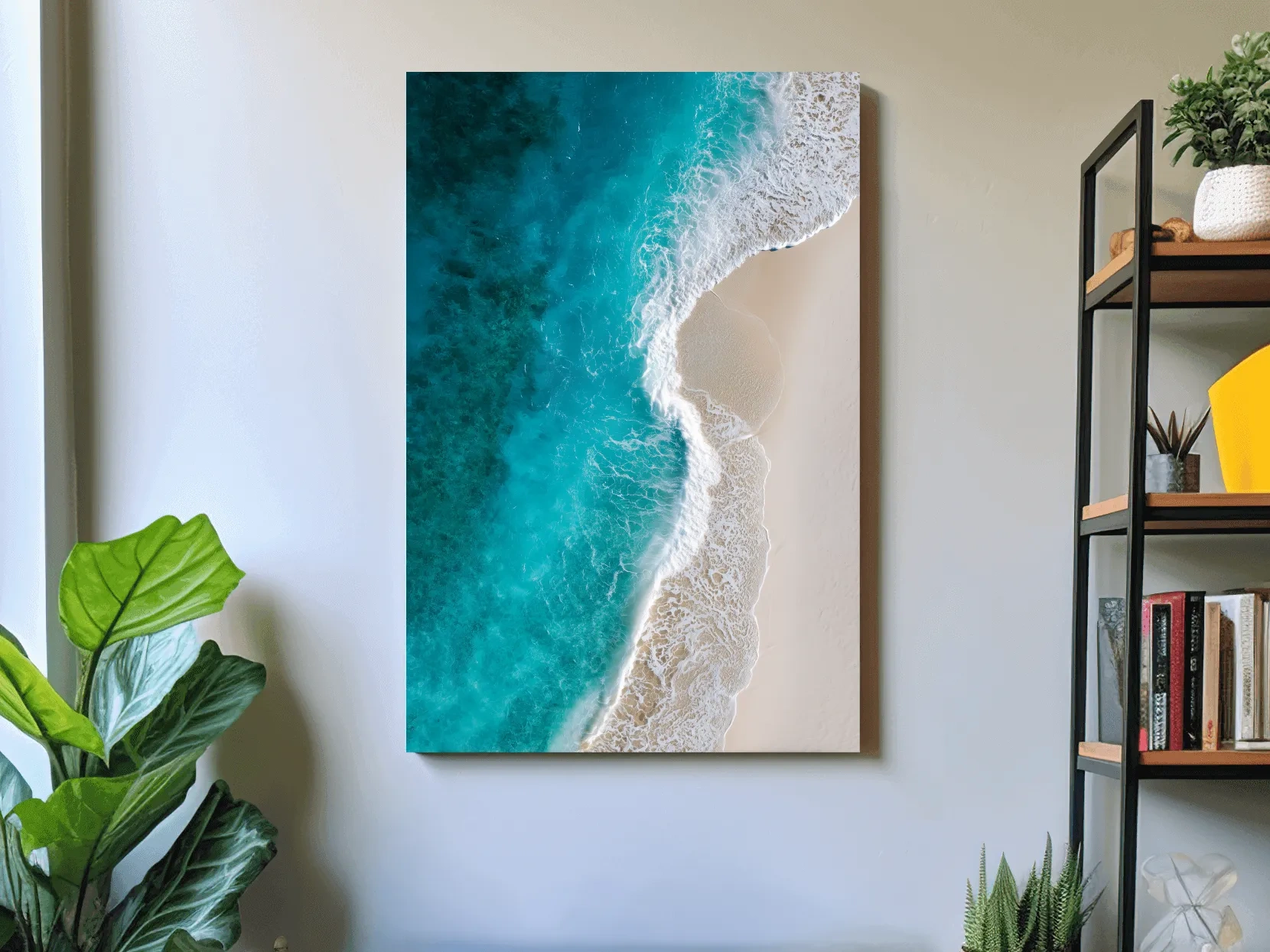 Aerial Tropical Shoreline Waves - Serene Beach Drone Photographic Wall Art