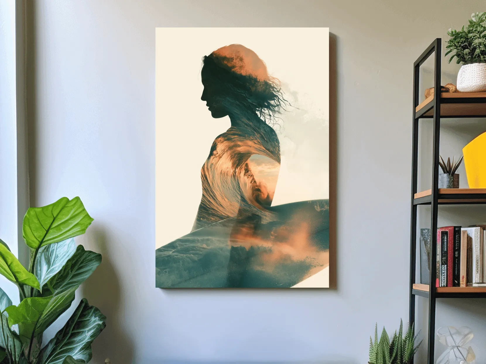 Surreal Female Silhouette Wave Double Exposure - Ocean Illustration Wall Art