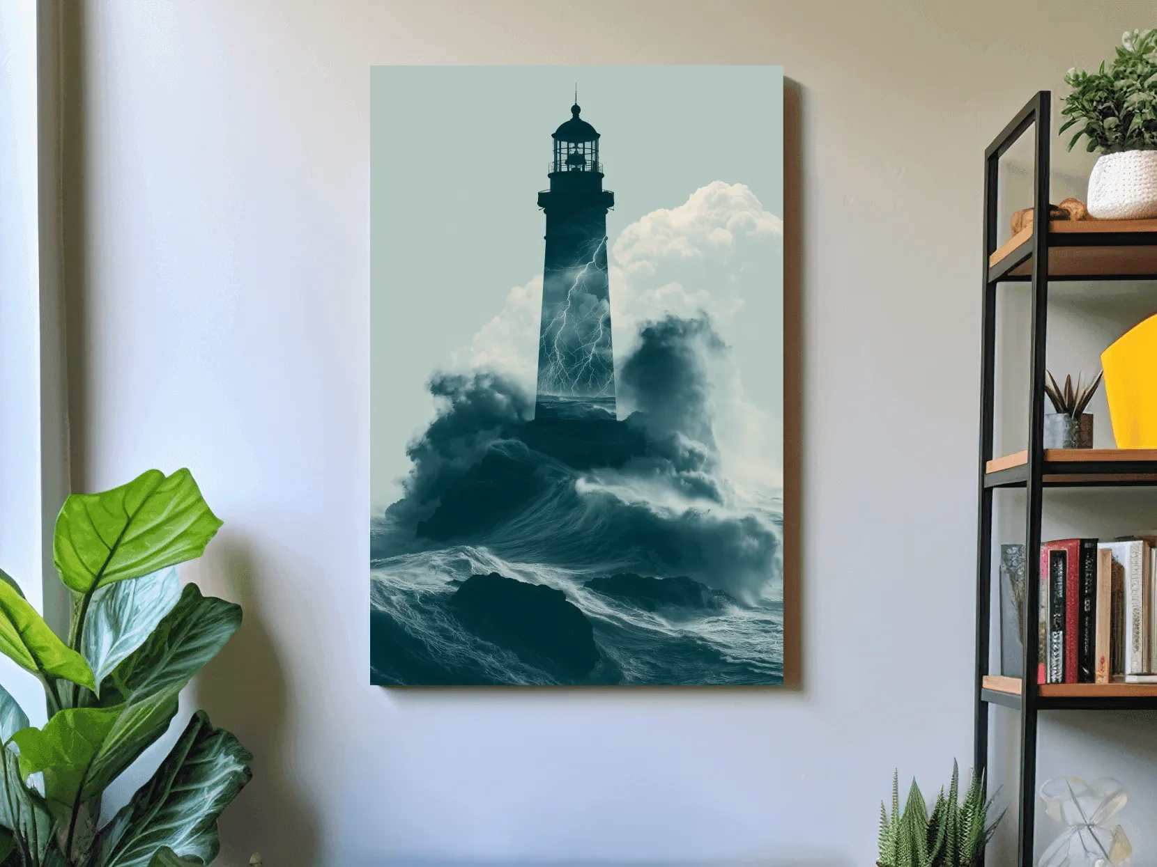 Surreal Storm Lighthouse Double Exposure - Dramatic Ocean Illustration Wall Art
