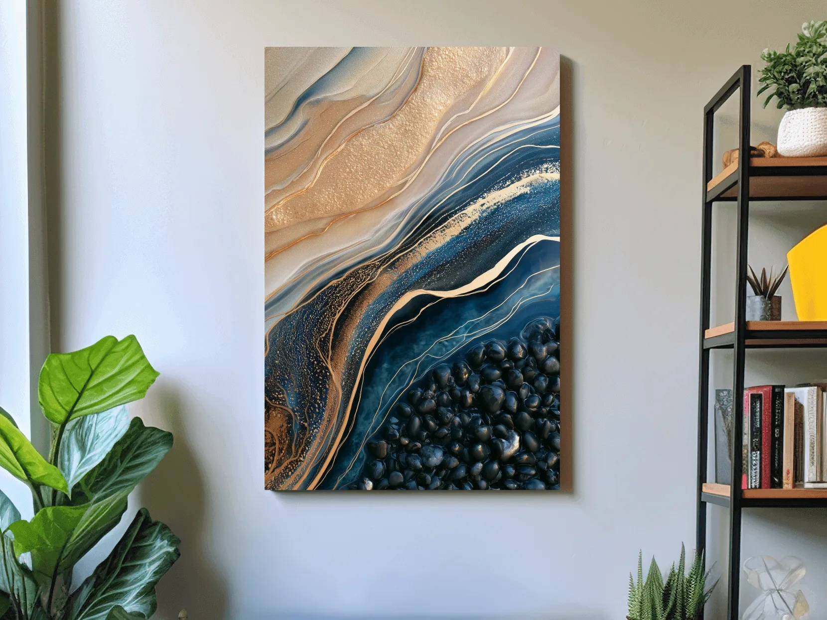 Layered Beach Strata and Pebbles - Abstract Mixed Media Wall Art