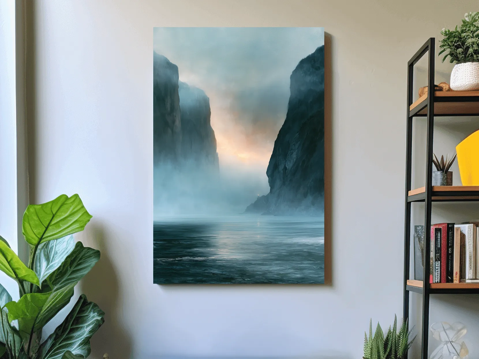 Misty Fjord Cliffs at Dawn - Dramatic Seascape Landscape Art