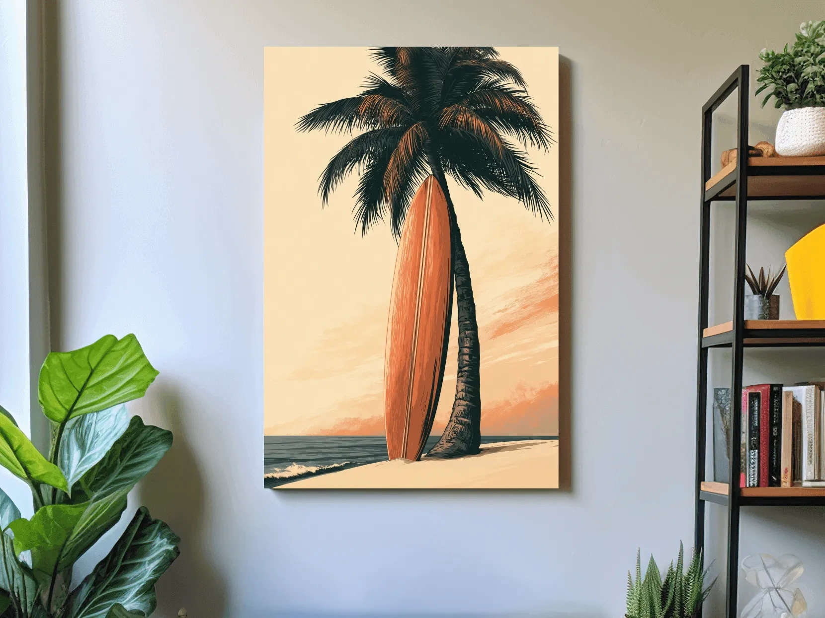 Retro Surfboard Palm Tree Illustration - Boho Tropical Wall Art