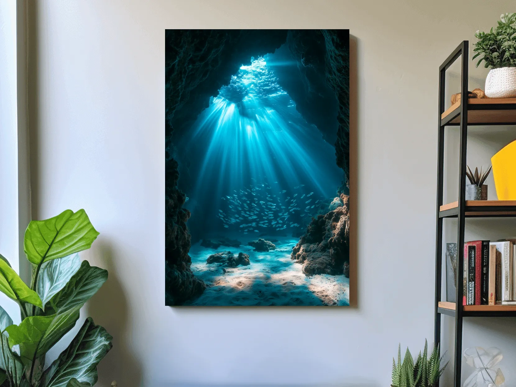 Surreal Underwater Sea Cave Sunbeams - Photographic Marine Life Wall Art