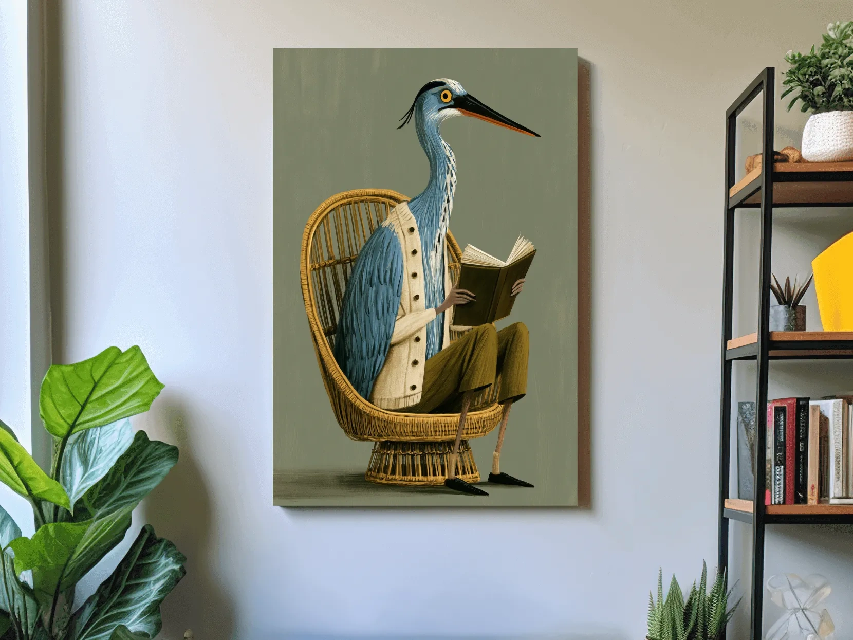 Whimsical Scandi Heron Reading Painting - Folk Art Bird Wall Art