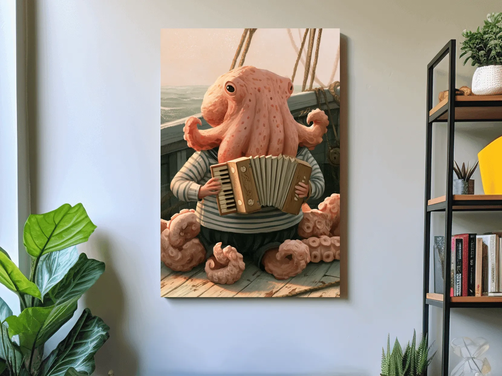 Whimsical Scandi Octopus Accordion Player - Nautical Folk Art Painting
