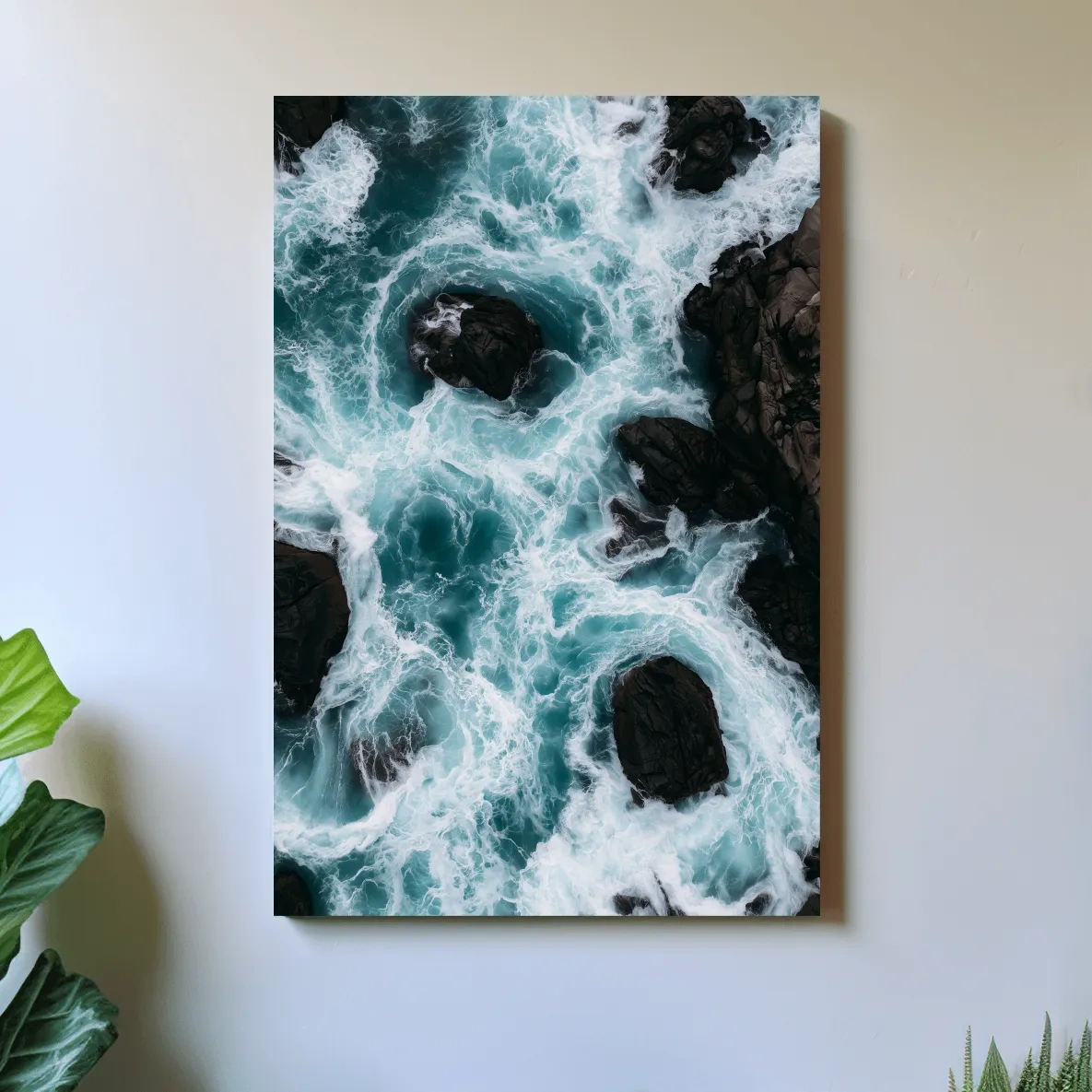 Aerial Crashing Waves Over Rocky Shore - Dramatic Photographic Wall Art