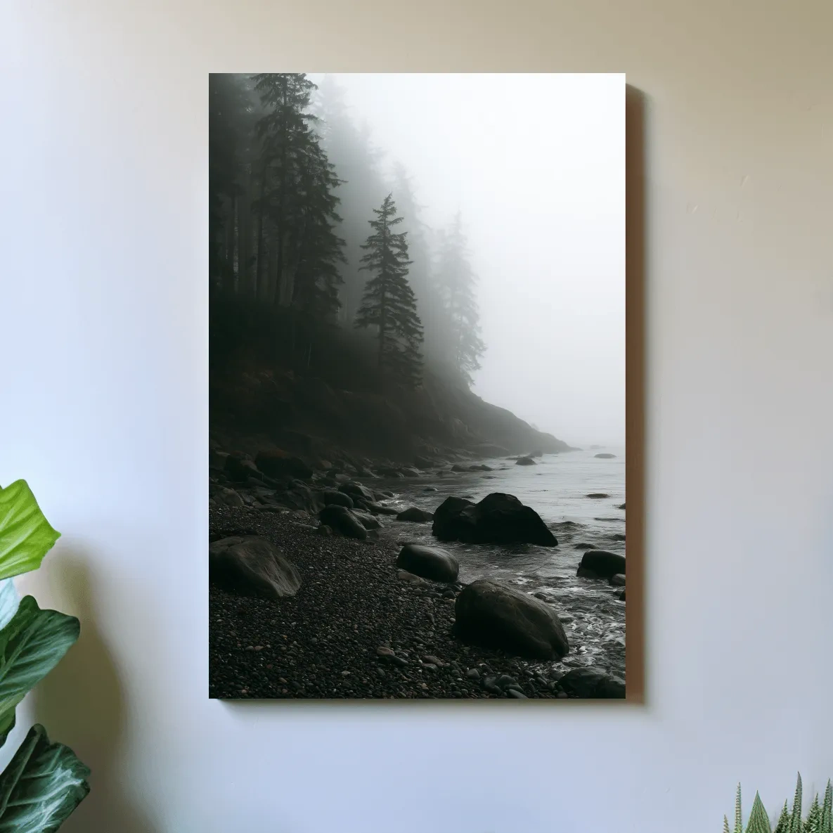 Misty Pebble Beach With Foggy Pines - Photographic Coastal Wall Art