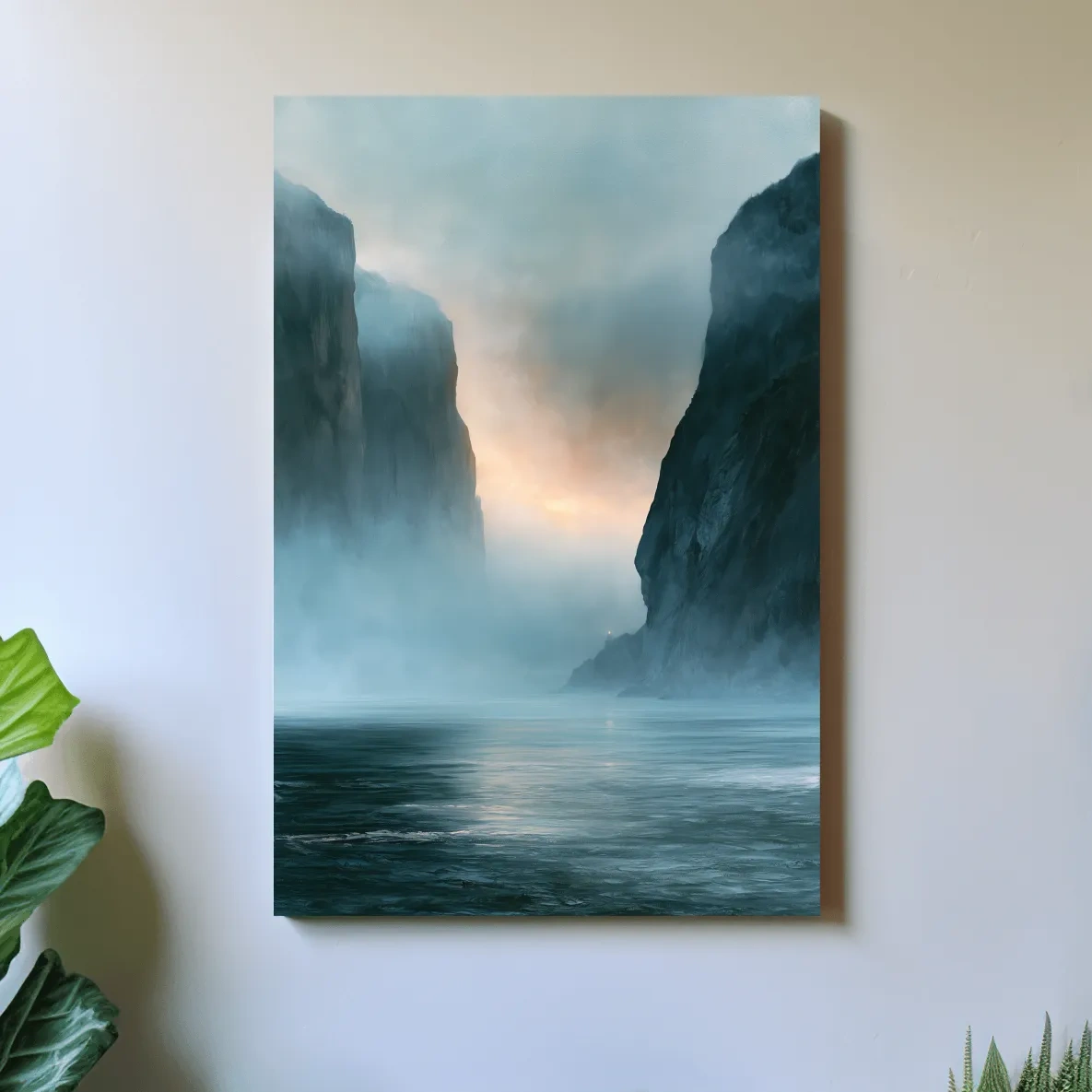 Misty Fjord Cliffs at Dawn - Dramatic Seascape Landscape Art