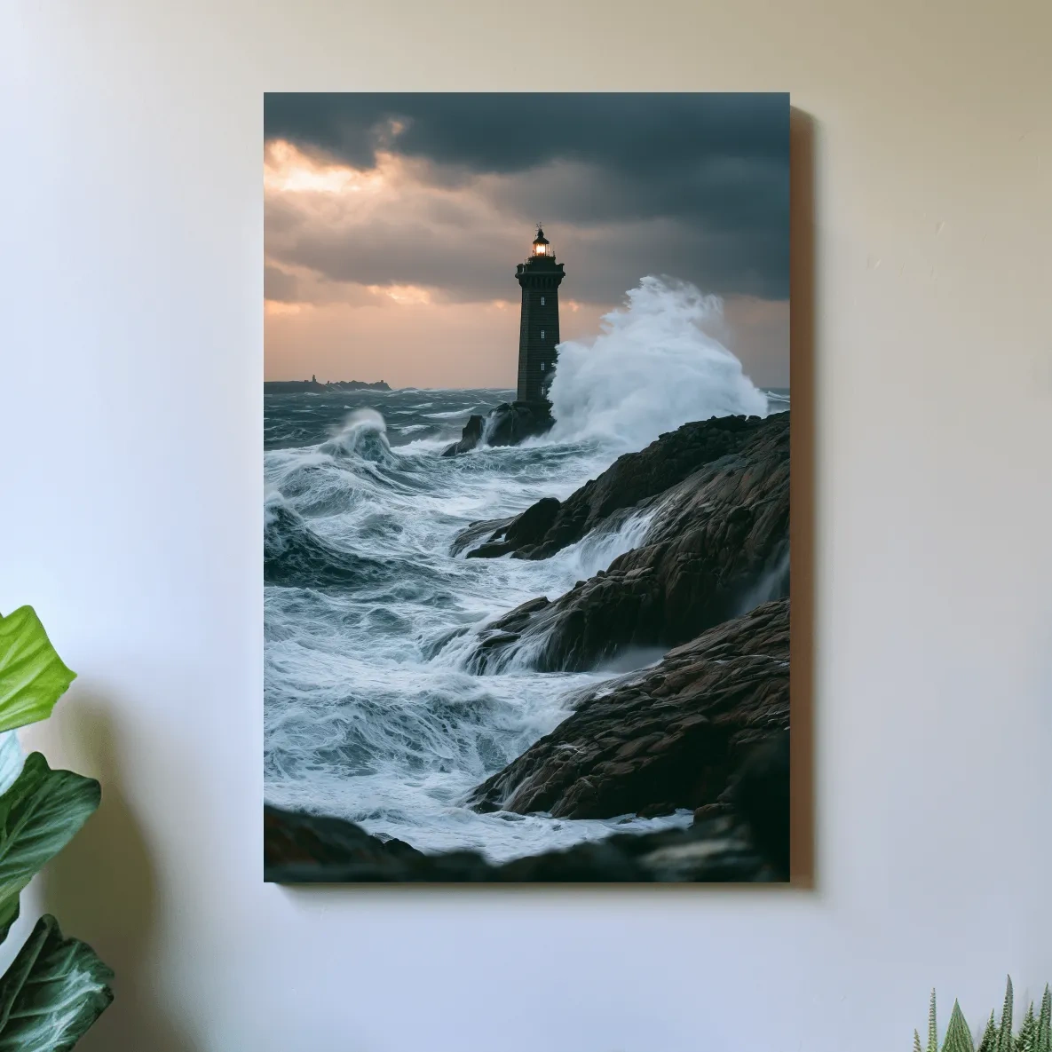 Misty Lighthouse Storm Waves - Dramatic Photographic Seascape Wall Art