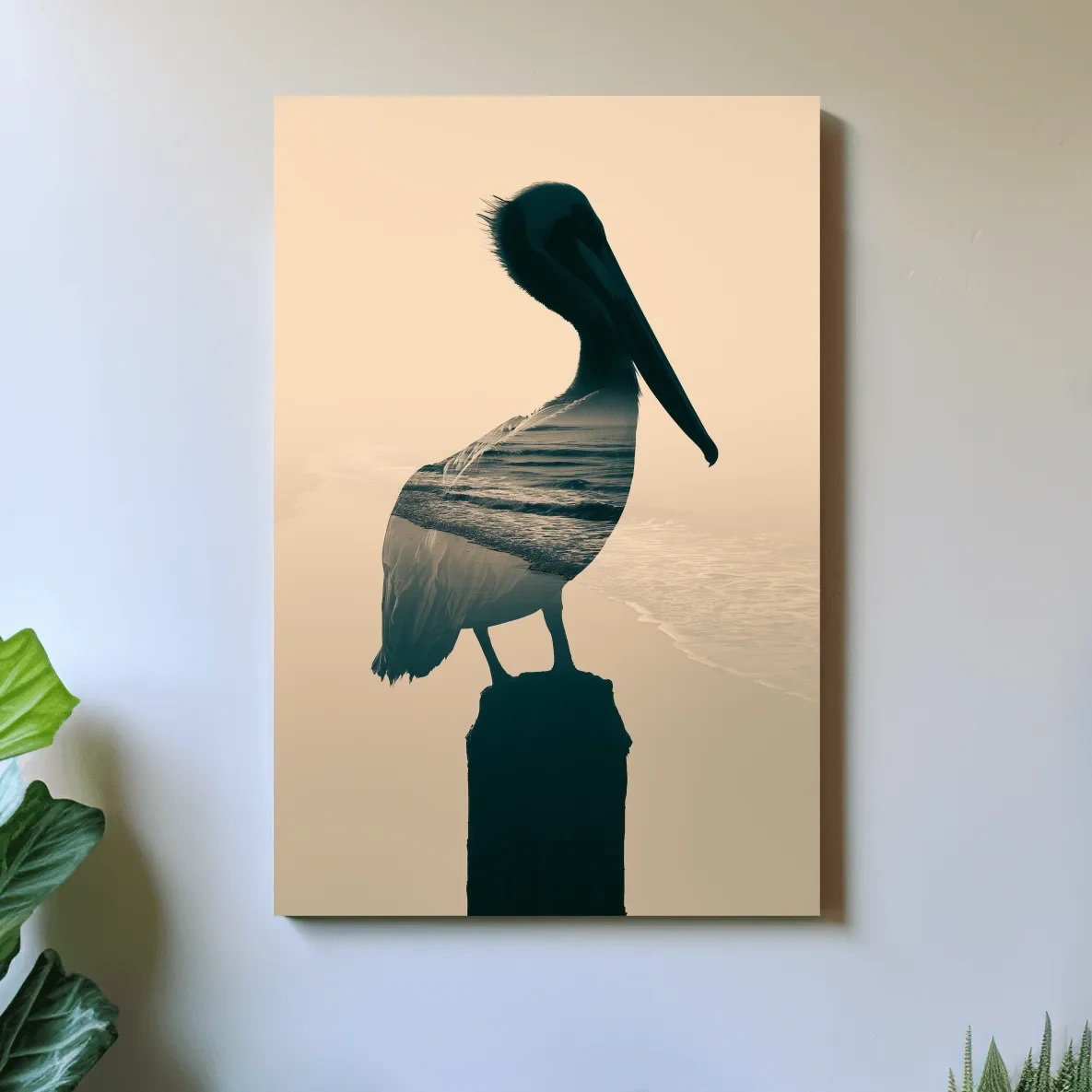 Pelican Double Exposure Silhouette - Minimalist Beach Photographic Wall Art