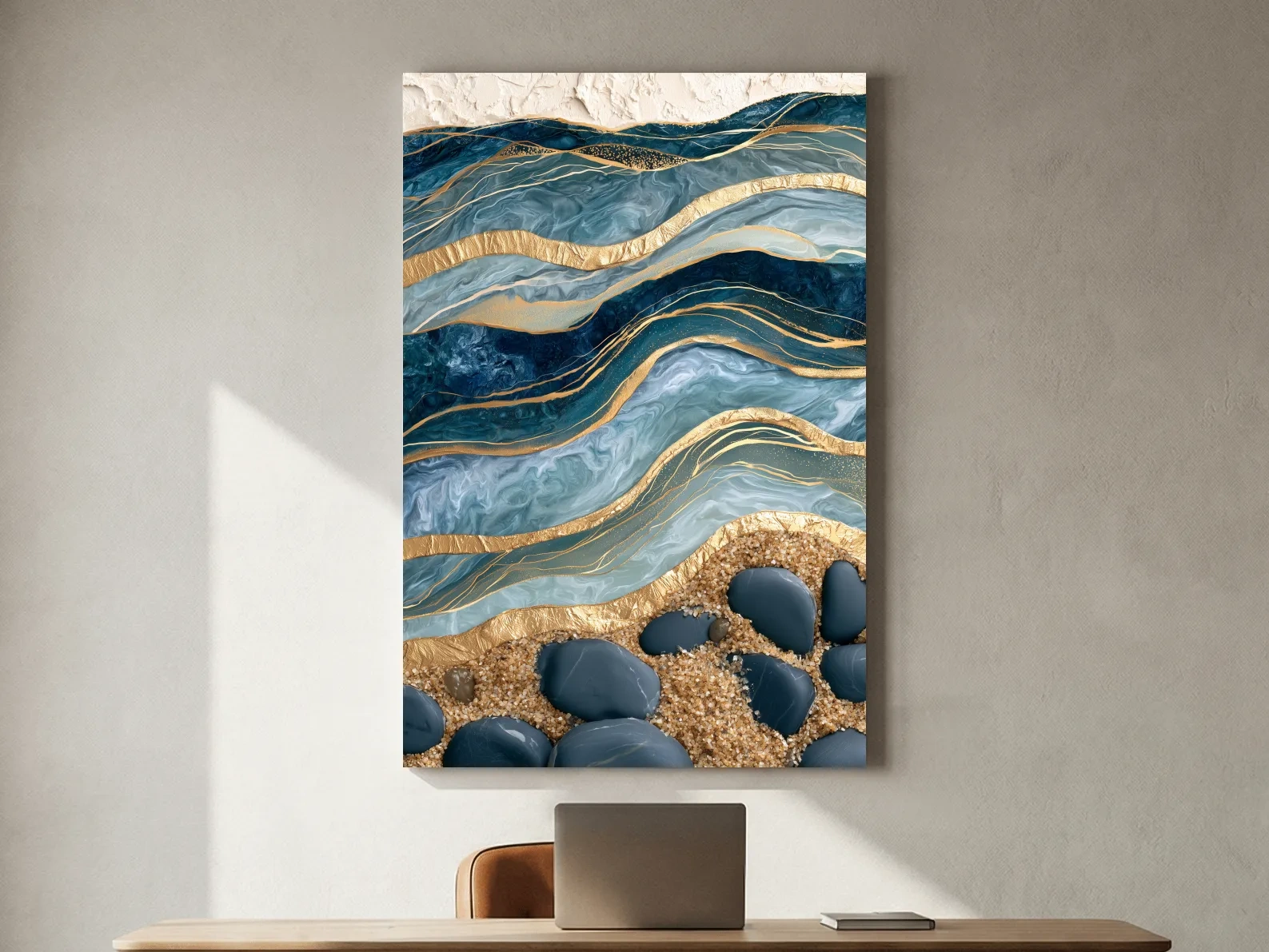 Abstract Layered Geological Strata - Gold Veined Stone Wall Art