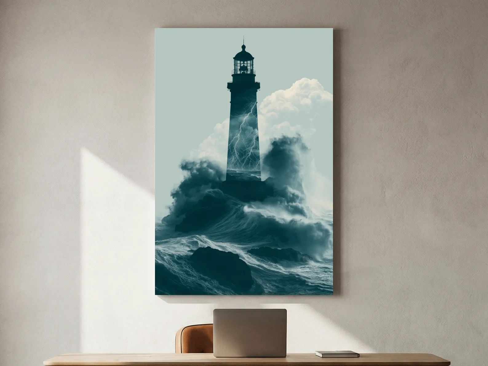 Surreal Storm Lighthouse Double Exposure - Dramatic Ocean Illustration Wall Art